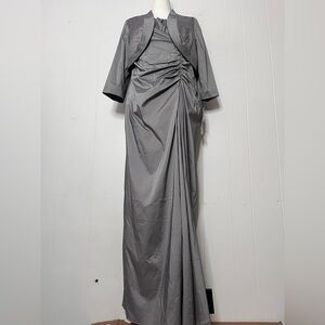 Niteline Gray Asymmetrical Ruched Wrap Gown Stretch Taffeta with Jacket 14W
